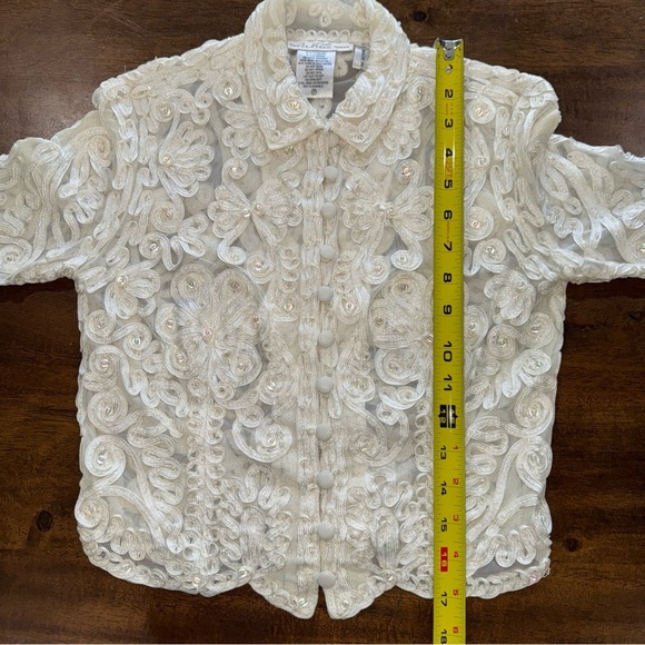 The White House Sheer Ribbon Embroidered Beaded Long Sleeve Ivory Shirt Petite P - Picture 11 of 11